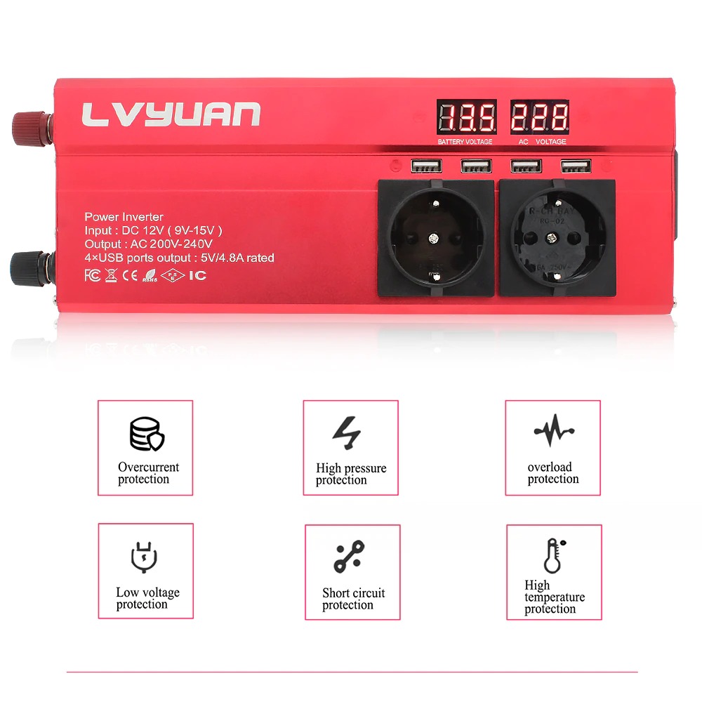 Lvyuan Power Inverter Modified Sine Wave LED DC 12 to AC 220V 2000W ...