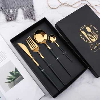 Iyeafey Set Perlengkapan Makan Sendok Garpu Pisau - KA2021 - Black Gold