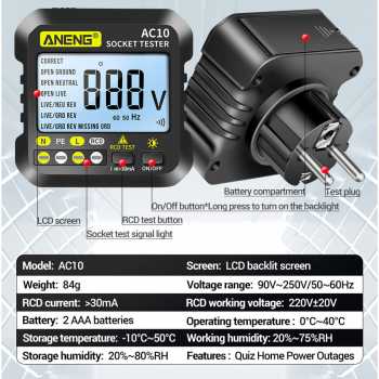 Gambar produk ANENG Stop Kontak Voltage Tester Detector Grounding Wire - AC10
