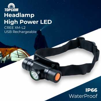 TOPCOM Headlamp High Power LED CREE XM-L2 USB Rechargeable 30 W - TP15 - Black