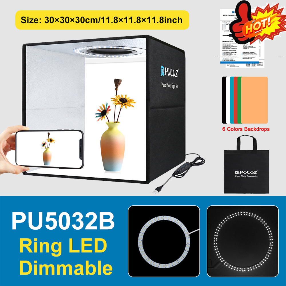 PULUZ Photo Studio Mini Softbox Ring Light with 6 Backdrop 30x30x30cm