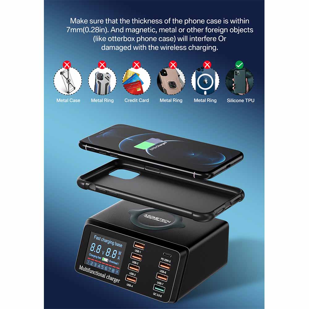 ASOMETECH Charging Station USB Dock Quick Wireless Charge 8 Port 100W