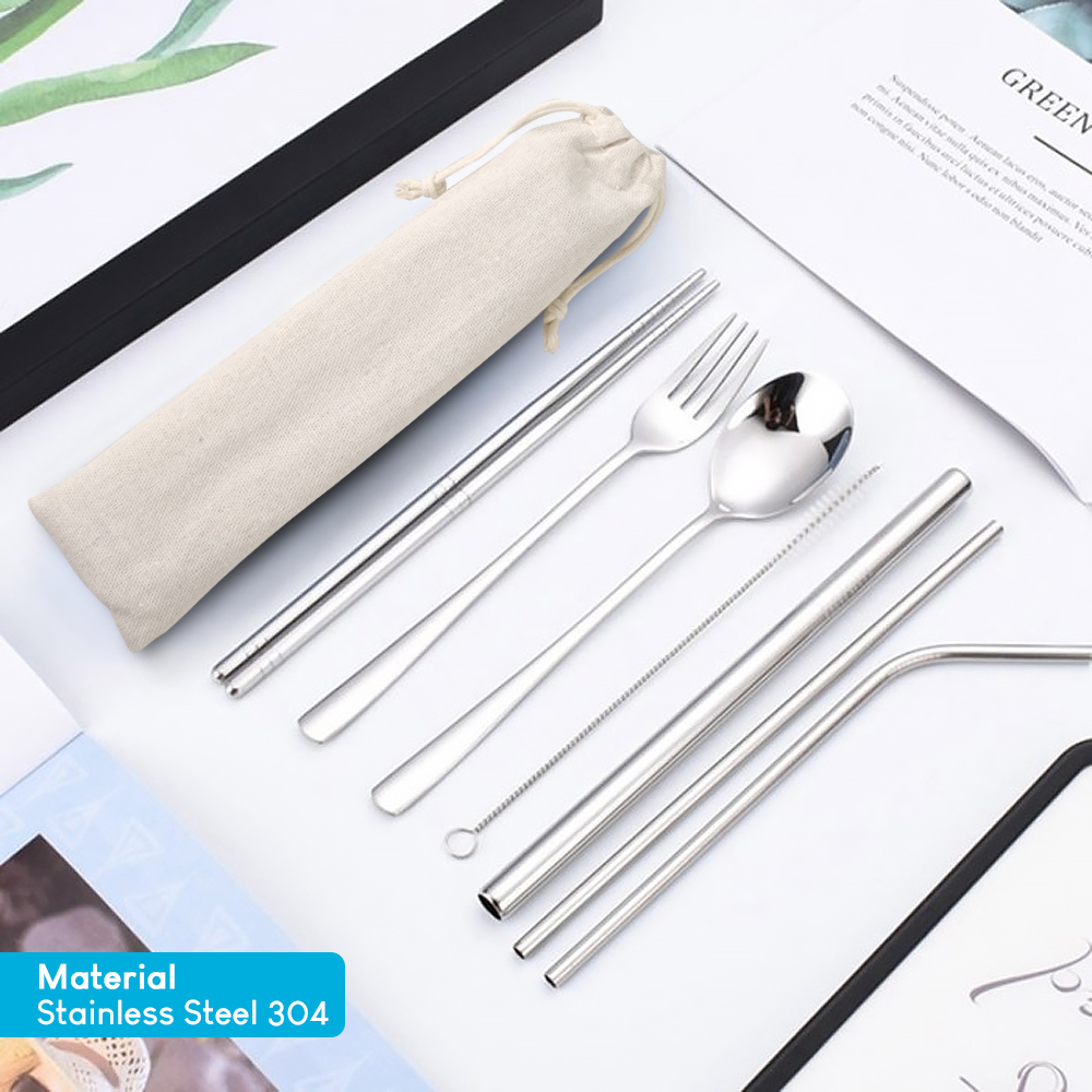 Gambar produk Tofok Set Alat Makan Sendok Garpu Sumpit Sedotan Cutlery with Pouch - T1