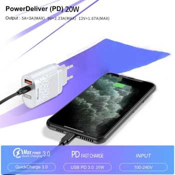 Gambar produk USLION Charger USB Type C USB A PD QC 3.0 20 W 2 Port - BK-384