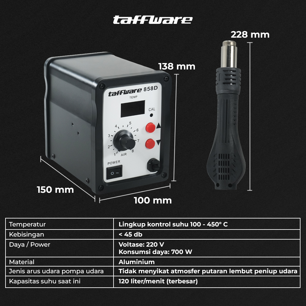 Gambar produk Taffware 858D Desoldering Heat Gun dengan Station 220V 700W