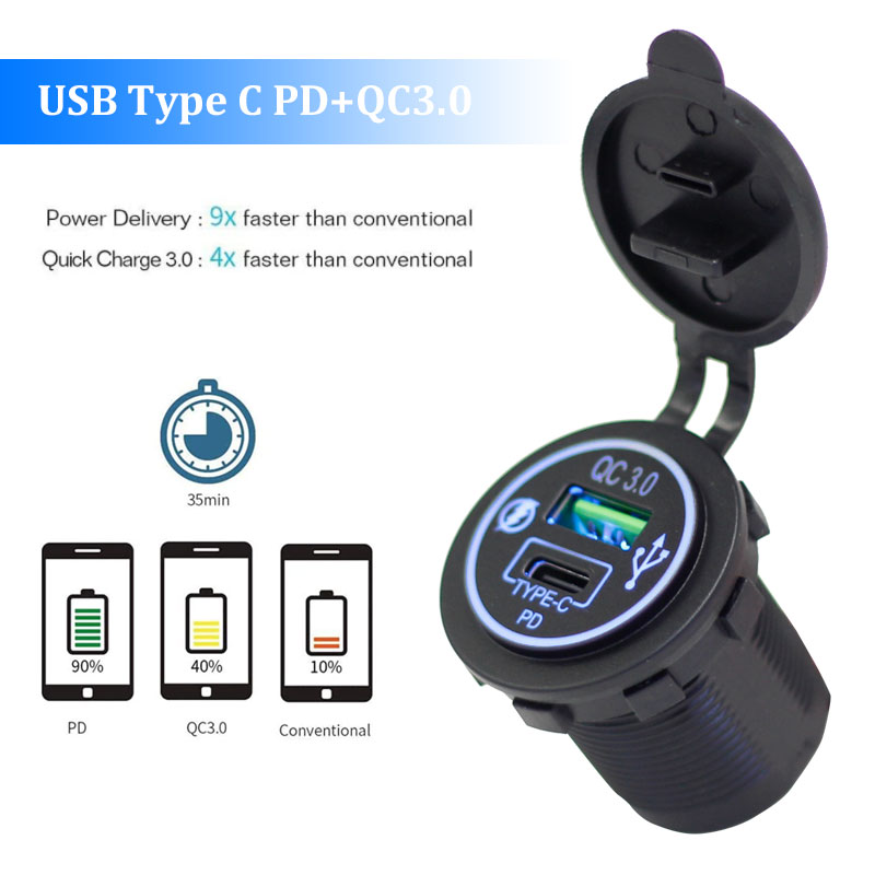 Gambar produk ONEGOL Charger Mobil Dual Port Type C PD QC 3.0 LED Light 12/24V - QT01