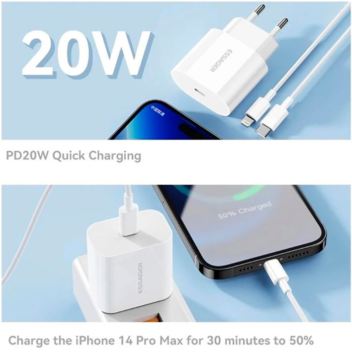 Gambar produk ESSAGER Kepala Kabel Charger USB Type C Fast Charging PD 20W - ES-CD30