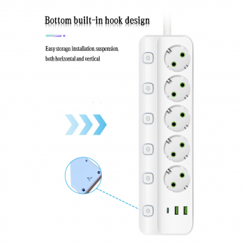 Gambar produk Taffware Stop Kontak 5 Lubang USB Type C EU Plug 10A 110-250V 2500W - QL-1098U