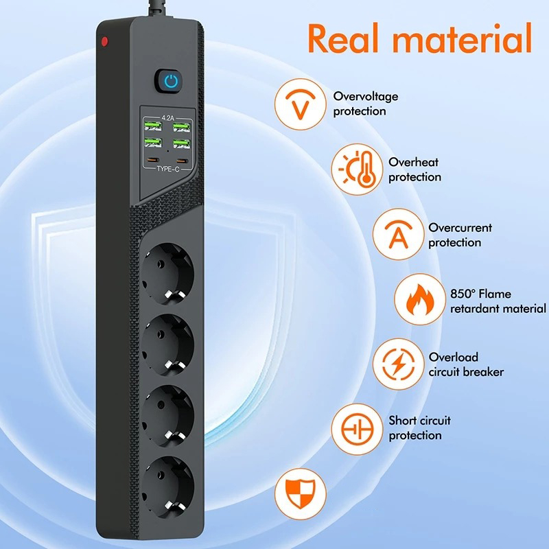 Gambar produk ROMORAL Stop Kontak 4 Lubang USB Type C EU Plug 10A 110-250V 3000W - BKL-03