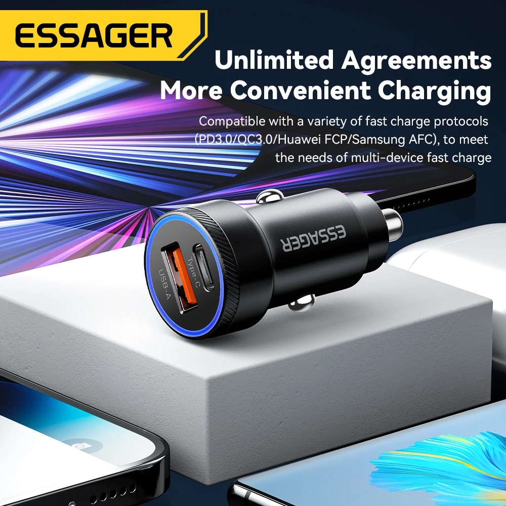 Gambar produk Essager Car Charger Mobil Fast Charging PD QC 3.0 USB Type C Port 54W - ECCPQ-KX01-P