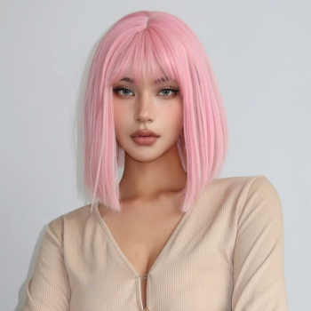 JONRENAU Wig Rambut Palsu Lurus Pink Straight Bob Hair with Bangs 30cm - WL1205-1