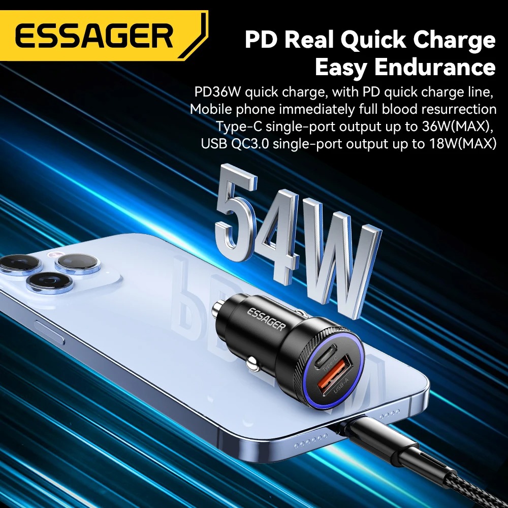 Gambar produk Essager Car Charger Mobil Fast Charging PD QC 3.0 USB Type C Port 54W - ECCPQ-KX01-P