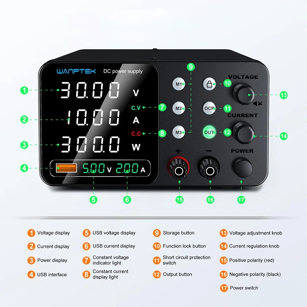 Gambar produk WANPTEK Adjustable Power Supply DC Digital Stabilized 5A 30V 150W - TPS-C305