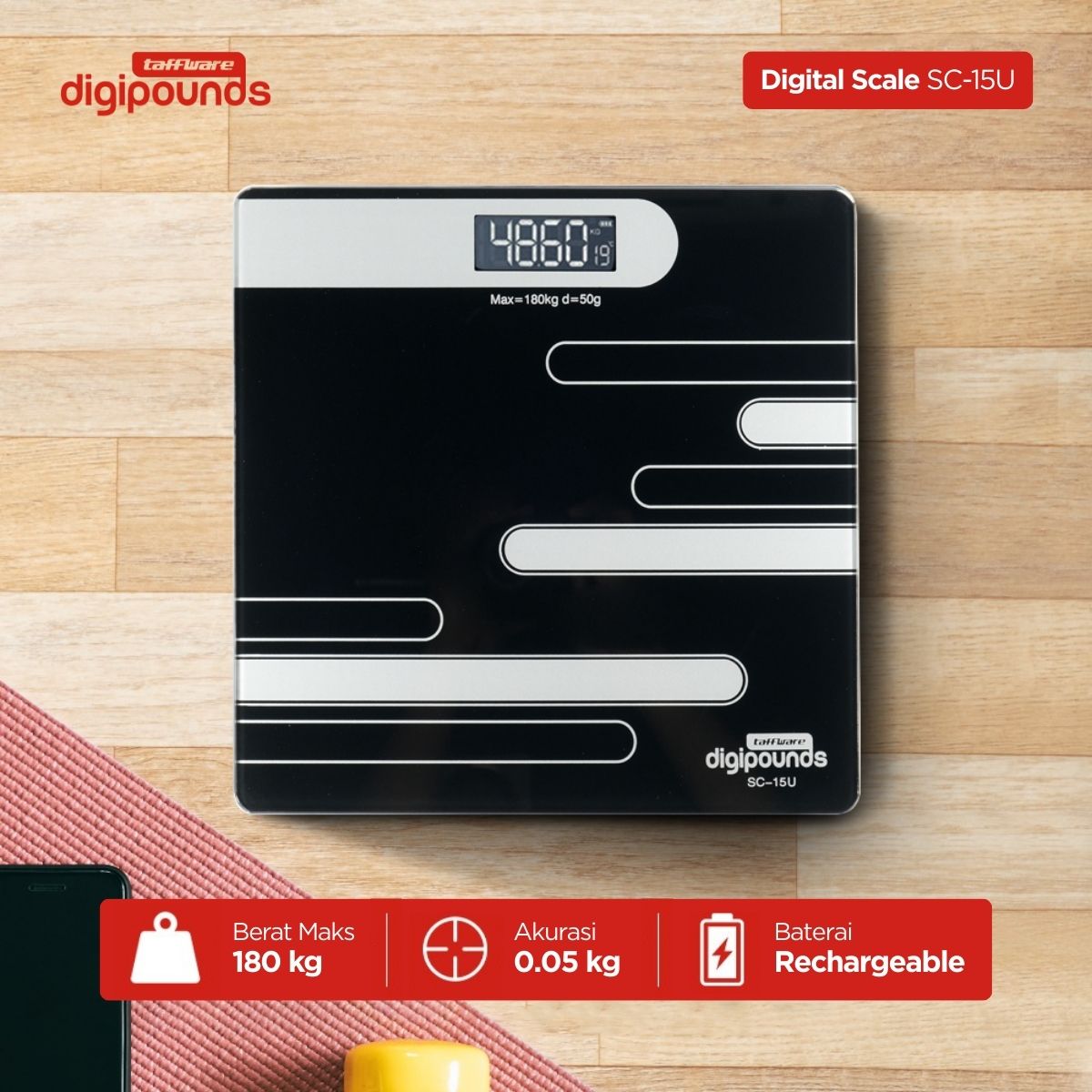 Gambar produk Taffware Digipounds Timbangan Badan Digital Scale Rechargeable 180kg - SC-15U