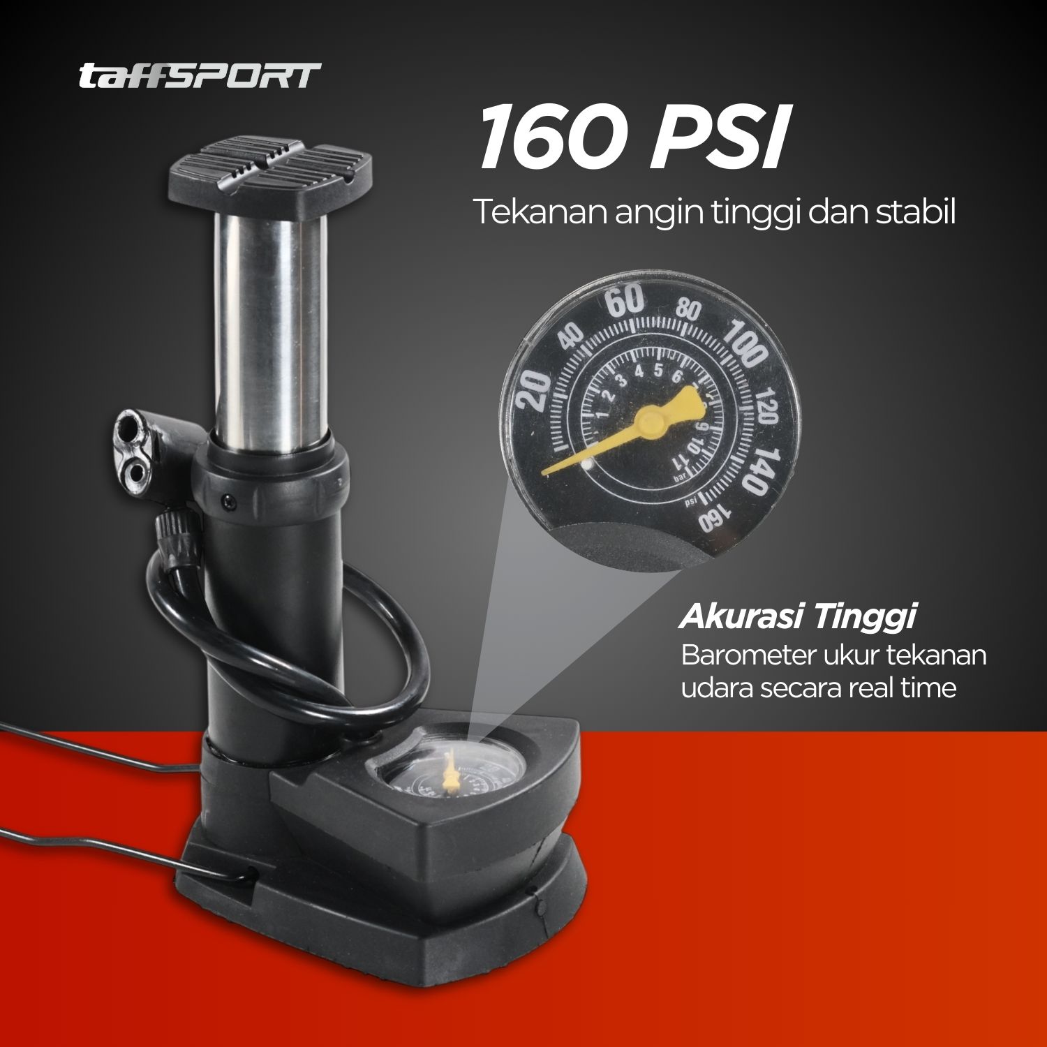 Gambar produk TaffSPORT Pompa Angin Sepeda Portable Pump 160 PSI with Gauge - XT402
