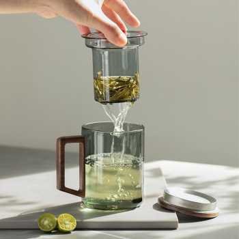 Gambar produk KSO Cangkir Teh Saringan Kaca Kayu Tahan Panas Infuser Mug 400ml - K4