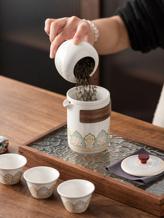 Gambar produk TEAWALK Travel Tea Set One Pot Three Cups Convenient Ceramic With Bag - C5