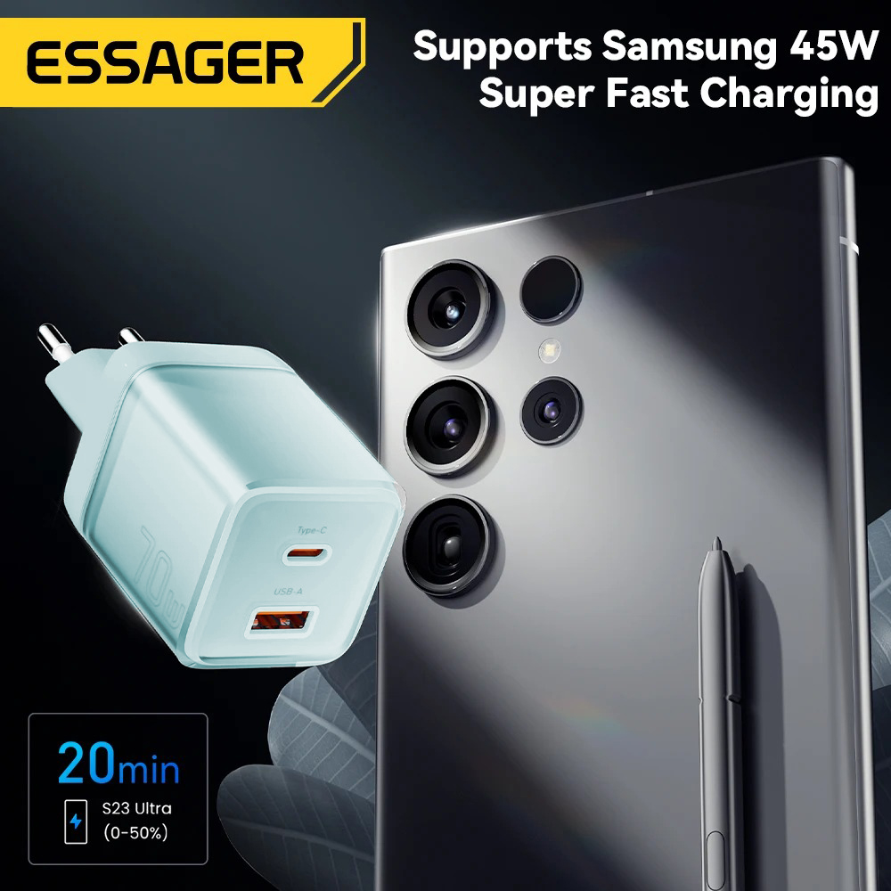 Gambar produk ESSAGER Kepala Charger Dual Port Fast Charging GaN PD QC 70W - ES-CD42