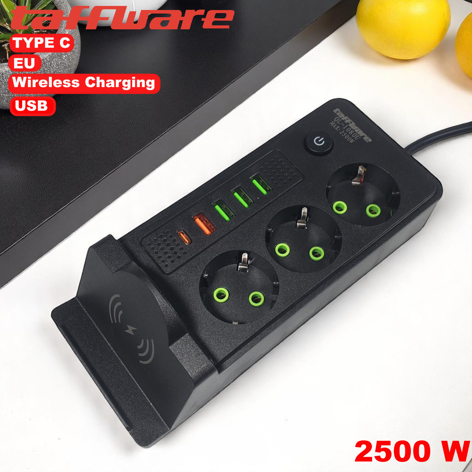 Gambar produk Taffware Stopkontak USB Type C EU Plug Wireless Charging 2500W - QL-1080U