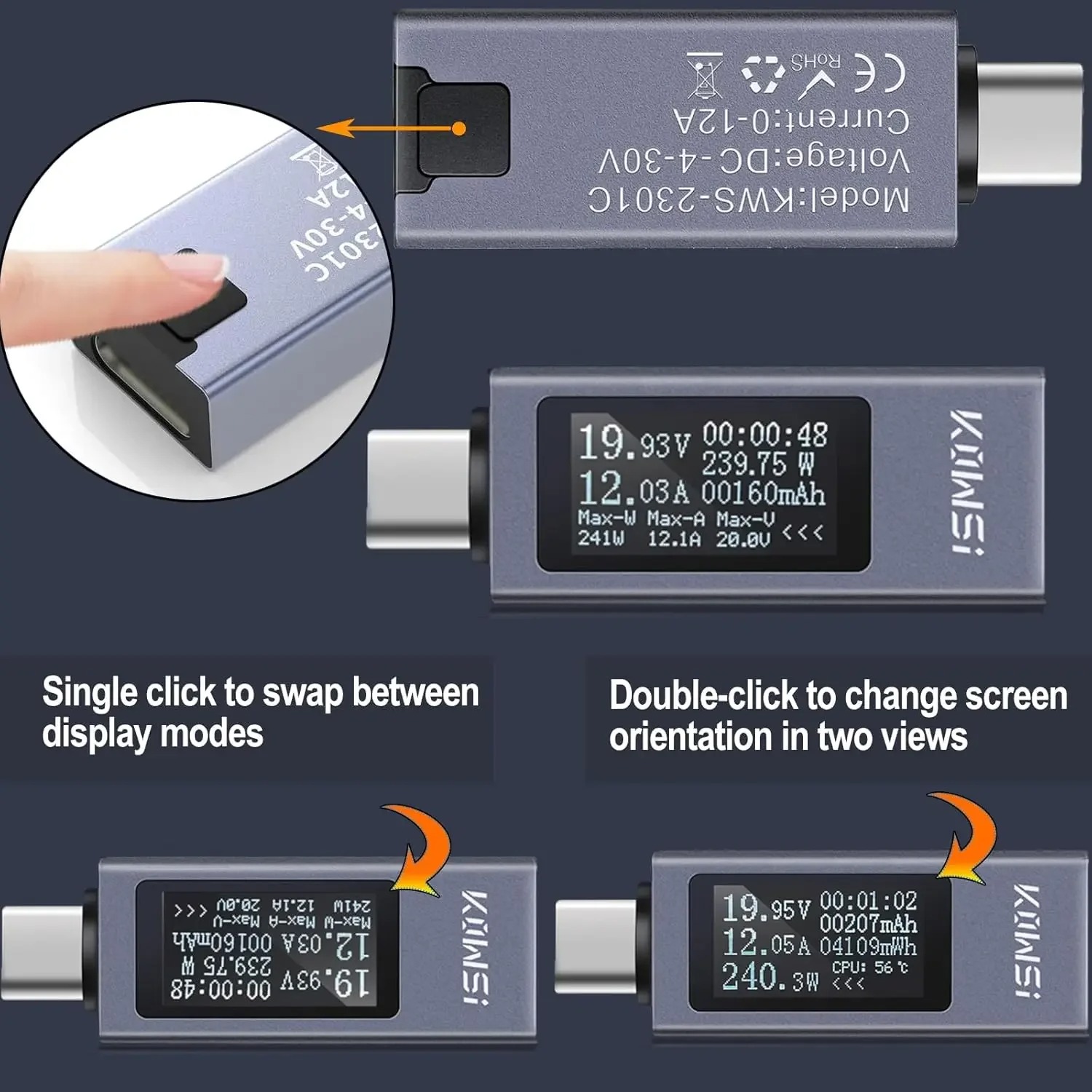Gambar produk KOWSI Voltmeter Ammeter Type C Digital Display OLED 30V 12A 360W - KWS-2302C