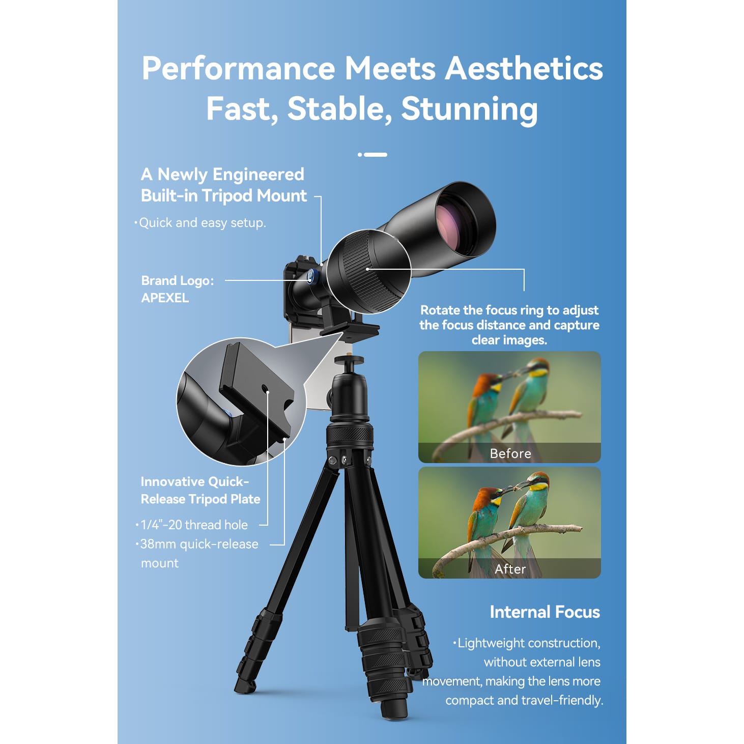 Gambar produk APEXEL Lensa Tele Smartphone Monocular Telephoto 50X with Tripod - APL-T50XJJ029