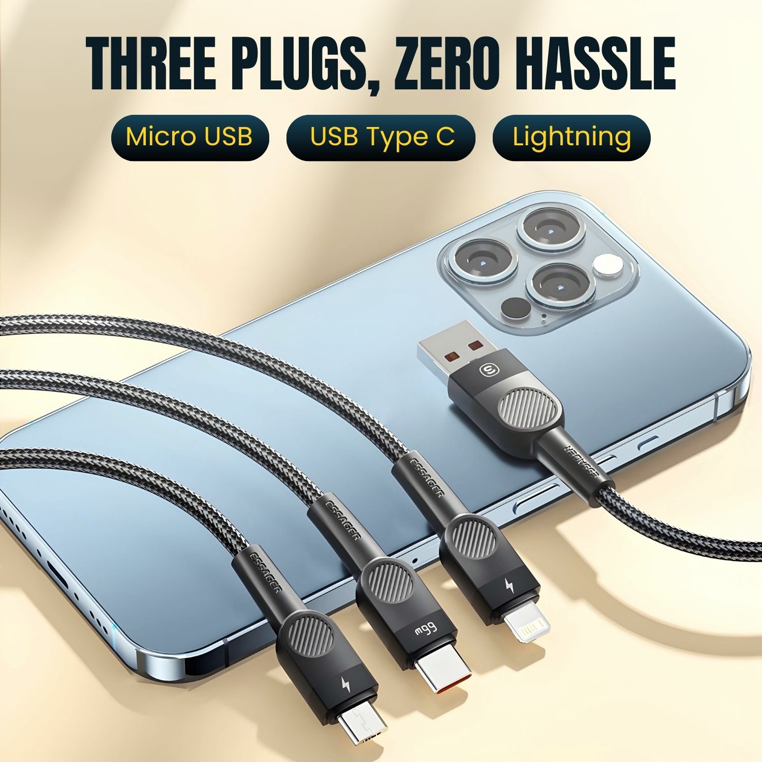 Gambar produk ESSAGER Kabel Data 3in1 Type C Micro Lighting Fast Charging 66W 1.2M - EXCMTL-XJ01