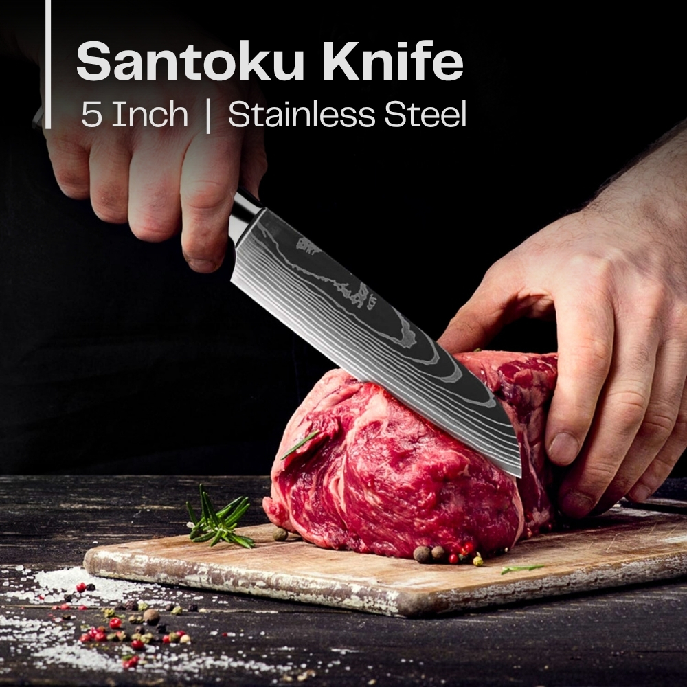 Gambar produk XITUO Pisau Dapur Daging Serbaguna Damascus Pattern Stainless Steel 5 Inch Santoku Knife