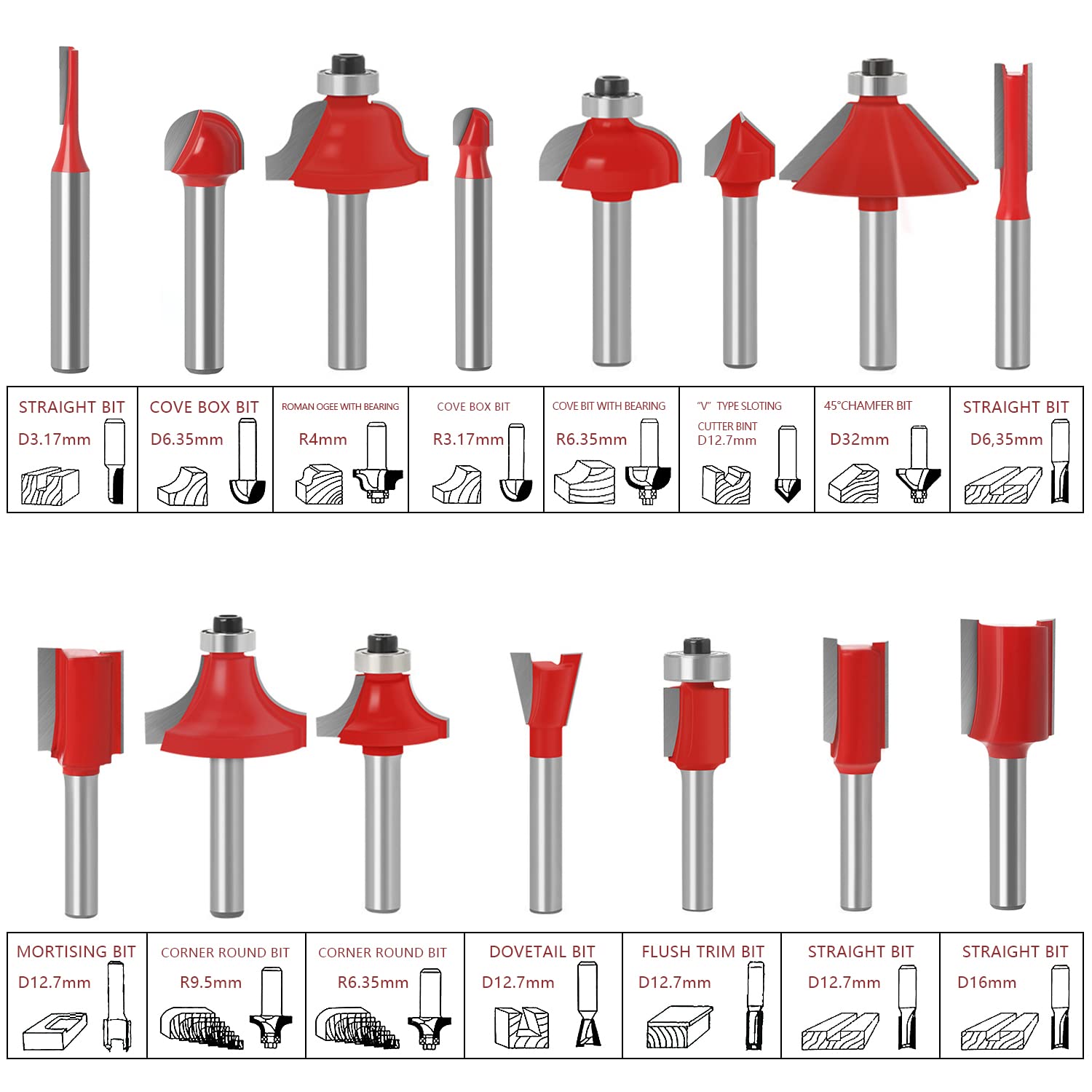 Gambar produk RCT Mata Bor Tungsten Carbide Router Bit Woodworking 8mm 15 PCS - RCT-15