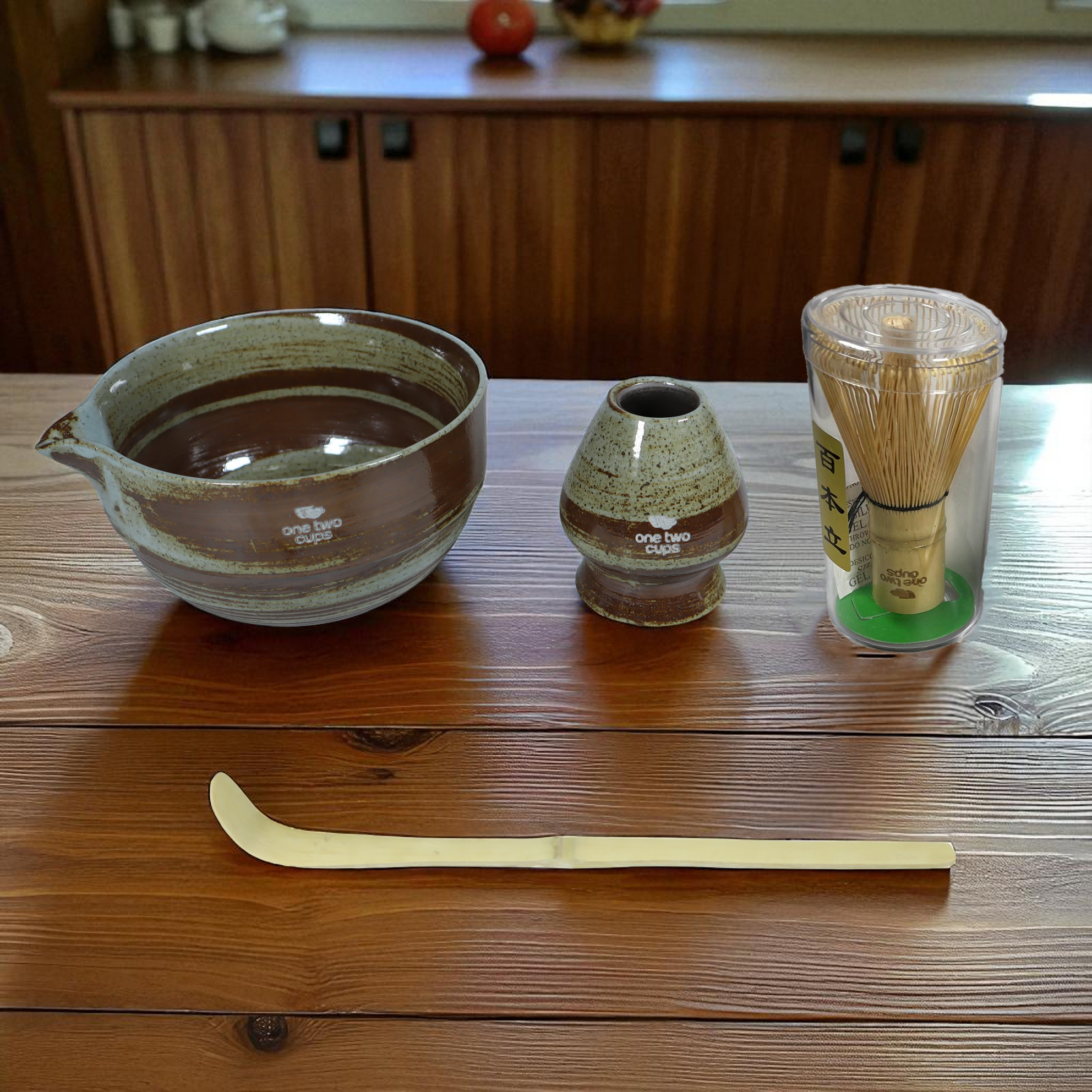 Gambar produk One Two Cups Set Matcha Teh 4in1 Chasen Whisk Chawan Chashaku Chakoshi - N41