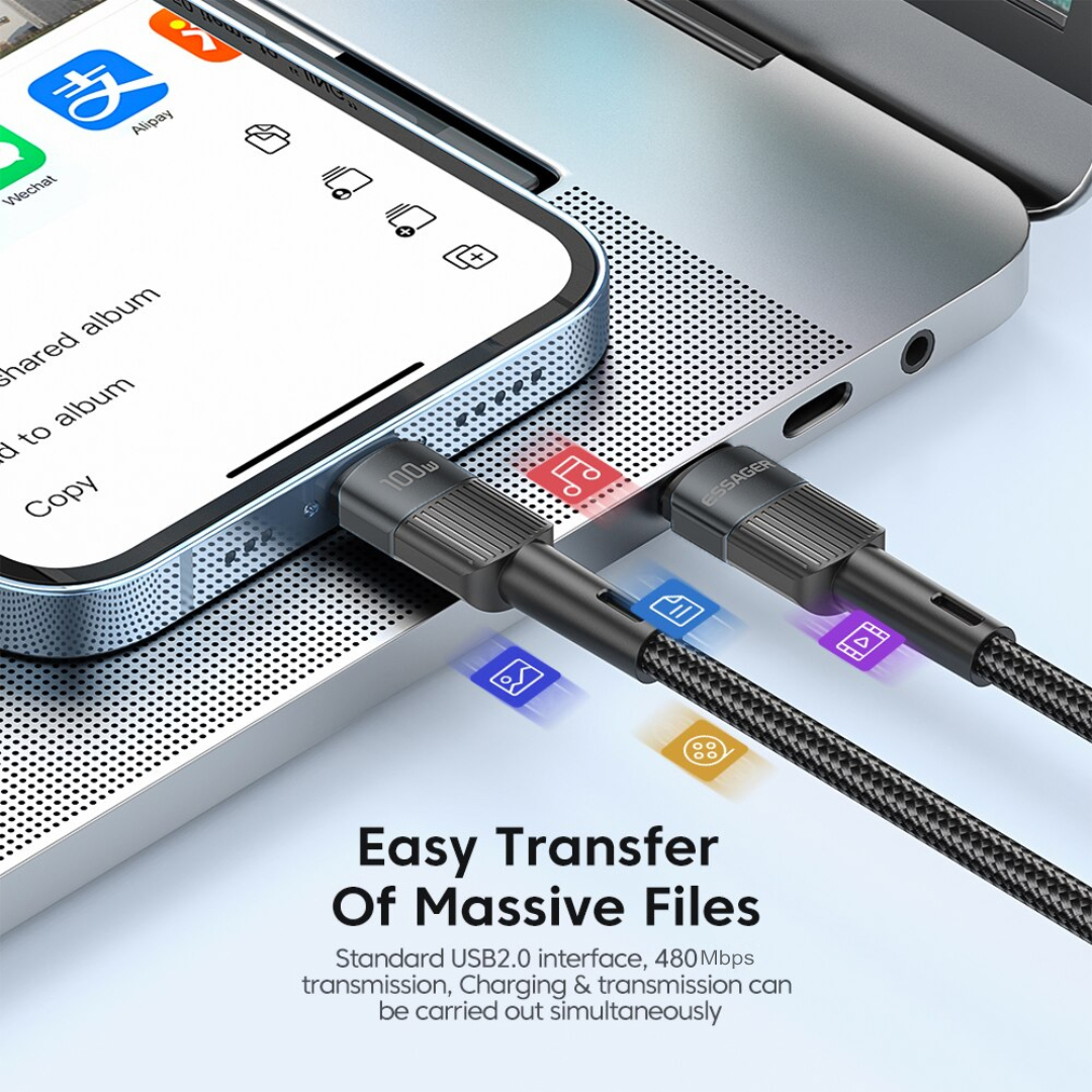 Gambar produk ESSAGER Kabel Data Type C to Type C PD Quick Charging Braided 5A 100W 3M - ES-X18