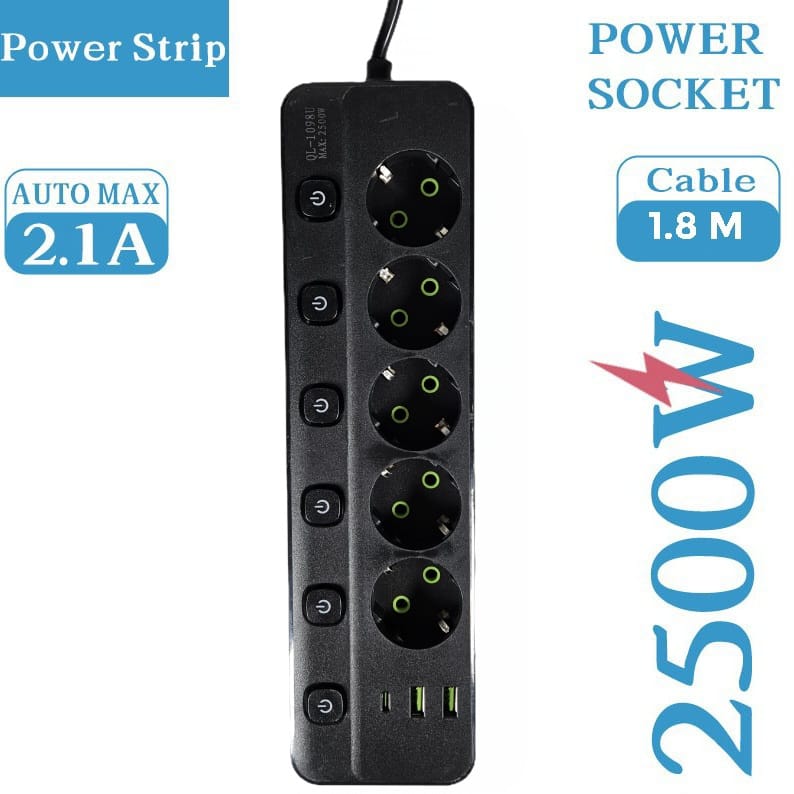 Gambar produk Taffware Stop Kontak 5 Lubang USB Type C EU Plug 10A 110-250V 2500W - QL-1098U