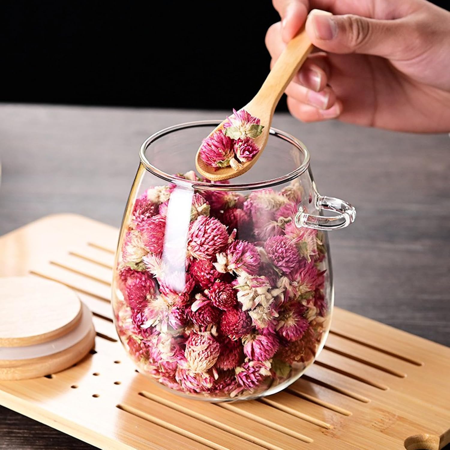 Gambar produk Selemz Toples Kaca Glass Food Storage Vintage Wooden with Spoon 600ml - INU144