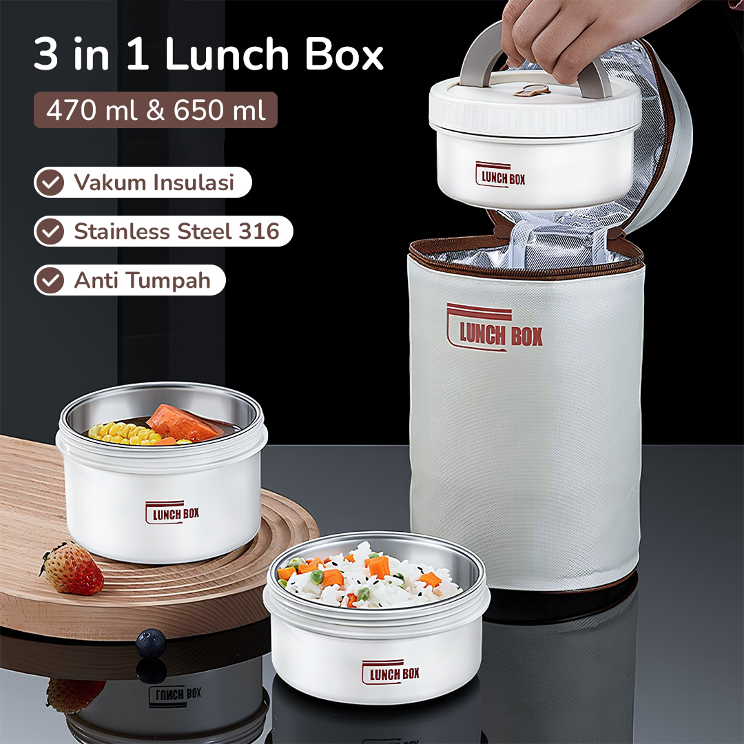 Gambar produk SUNGMAOY Kotak Makan Tahan Panas Lunch Box 3in1 470ml 650ml with Bag - SM31