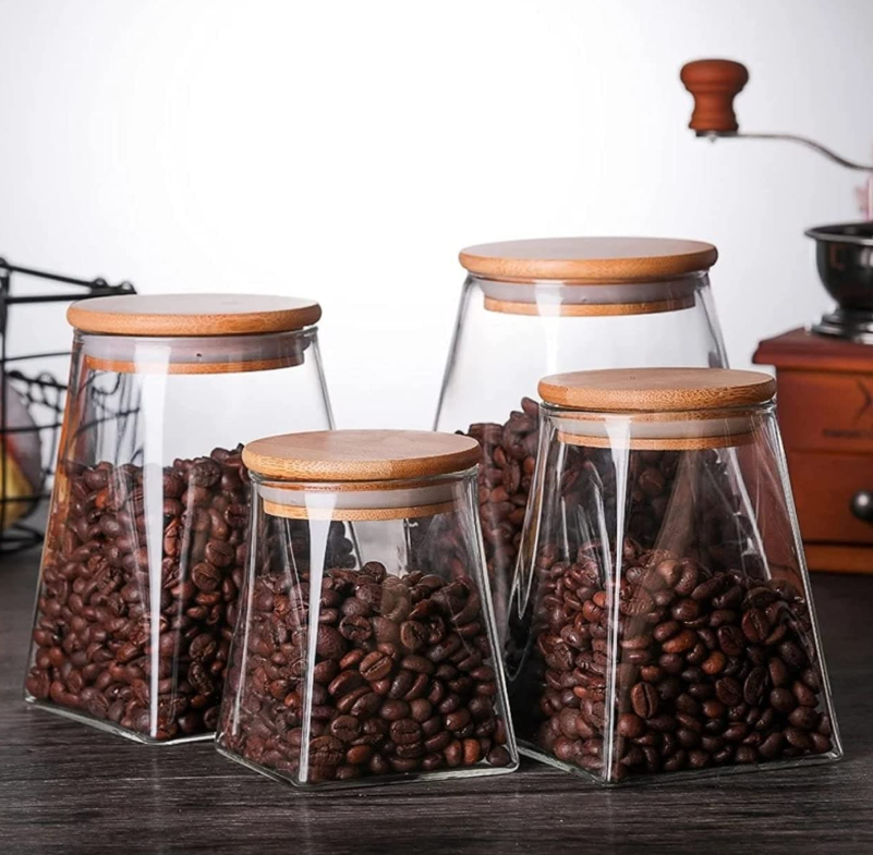 Gambar produk SOLUNA Toples Kaca Glass Food Storage Wooden Lid Pyramid Shape Jar 500ml - S12