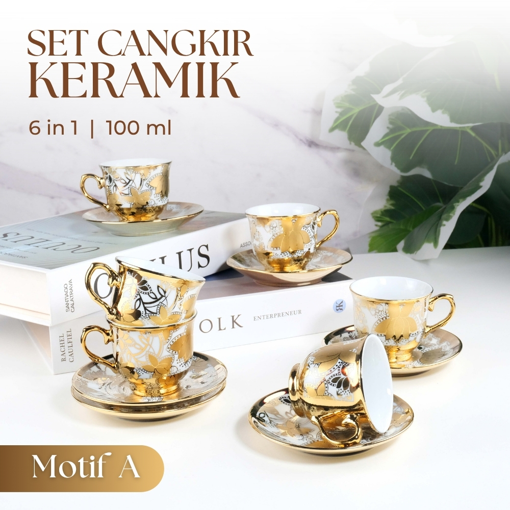 Gambar produk SF Set Cangkir Kopi Keramik 6in1 Electroplating Tea Coffee Cup 100ml A - SF141