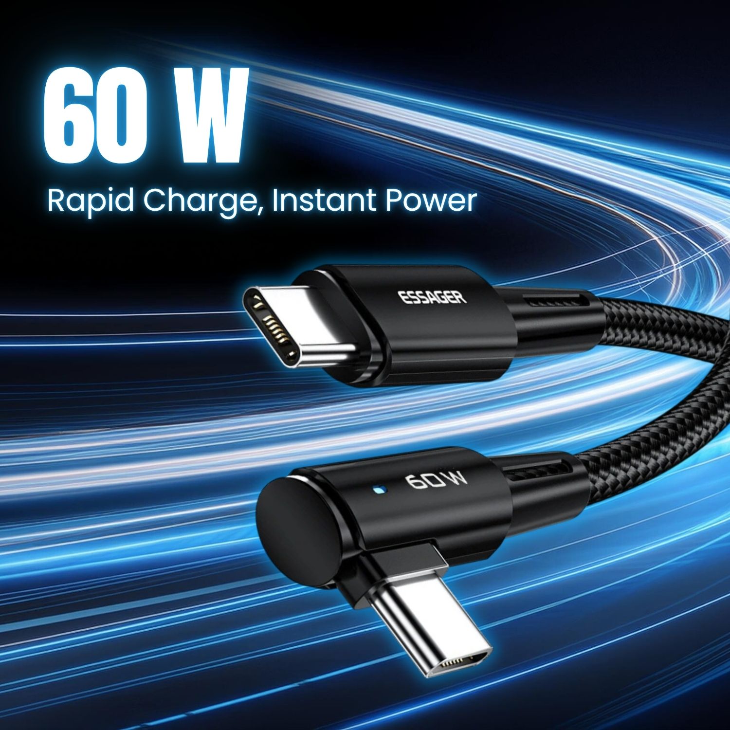 Gambar produk ESSAGER Kabel Data USB Type C Fast Charging L Shaped Braided 3A 60W 1M - ES-X23