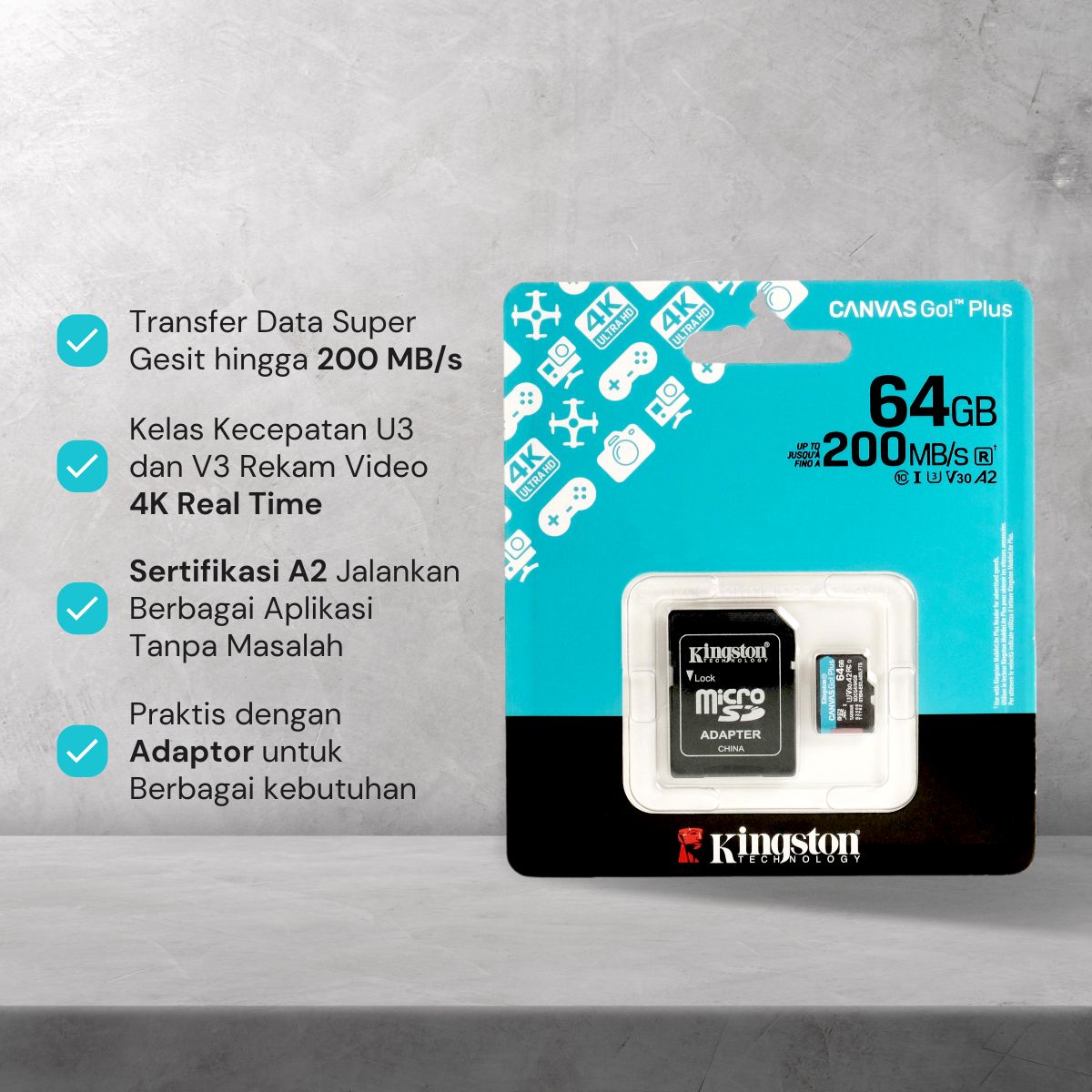 Gambar produk Kingston Canvas Go! Plus MicroSD Gen4 U3 V30 200Mbps 64GB - SDCG4