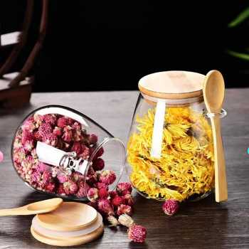 Gambar produk Selemz Toples Kaca Glass Food Storage Vintage Wooden with Spoon 600ml - INU144
