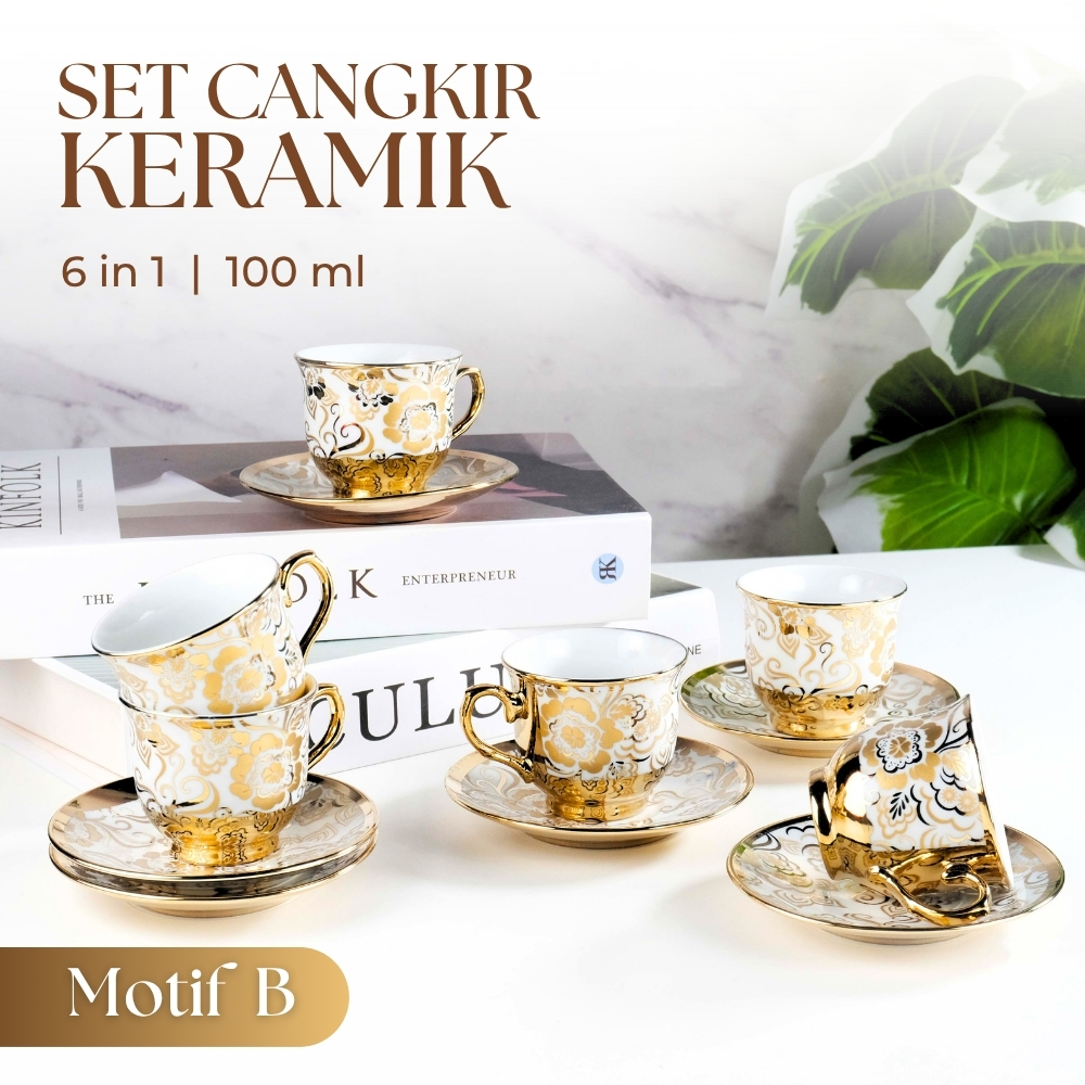 Gambar produk SF Set Cangkir Kopi Keramik 6in1 Electroplating Tea Coffee Cup 100ml B - SF141