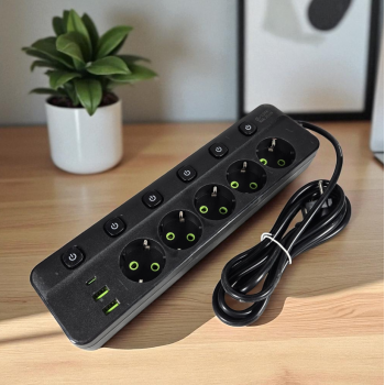 Gambar produk Taffware Stop Kontak 5 Lubang USB Type C EU Plug 10A 110-250V 2500W - QL-1098U