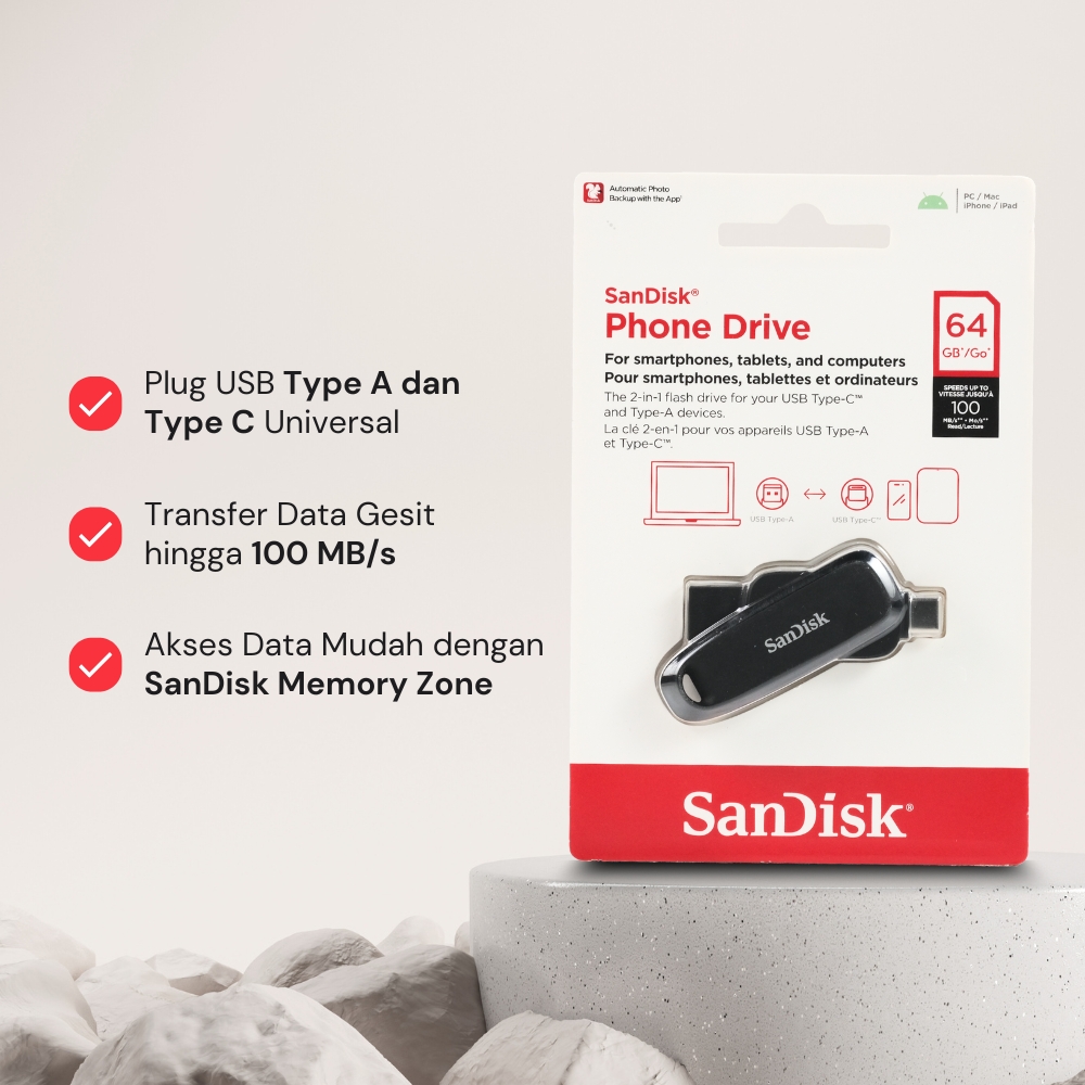 Gambar produk SanDisk Dual-Interface Phone Drive Android USB Type C 3.2 Gen 1 64GB - SDDDC6