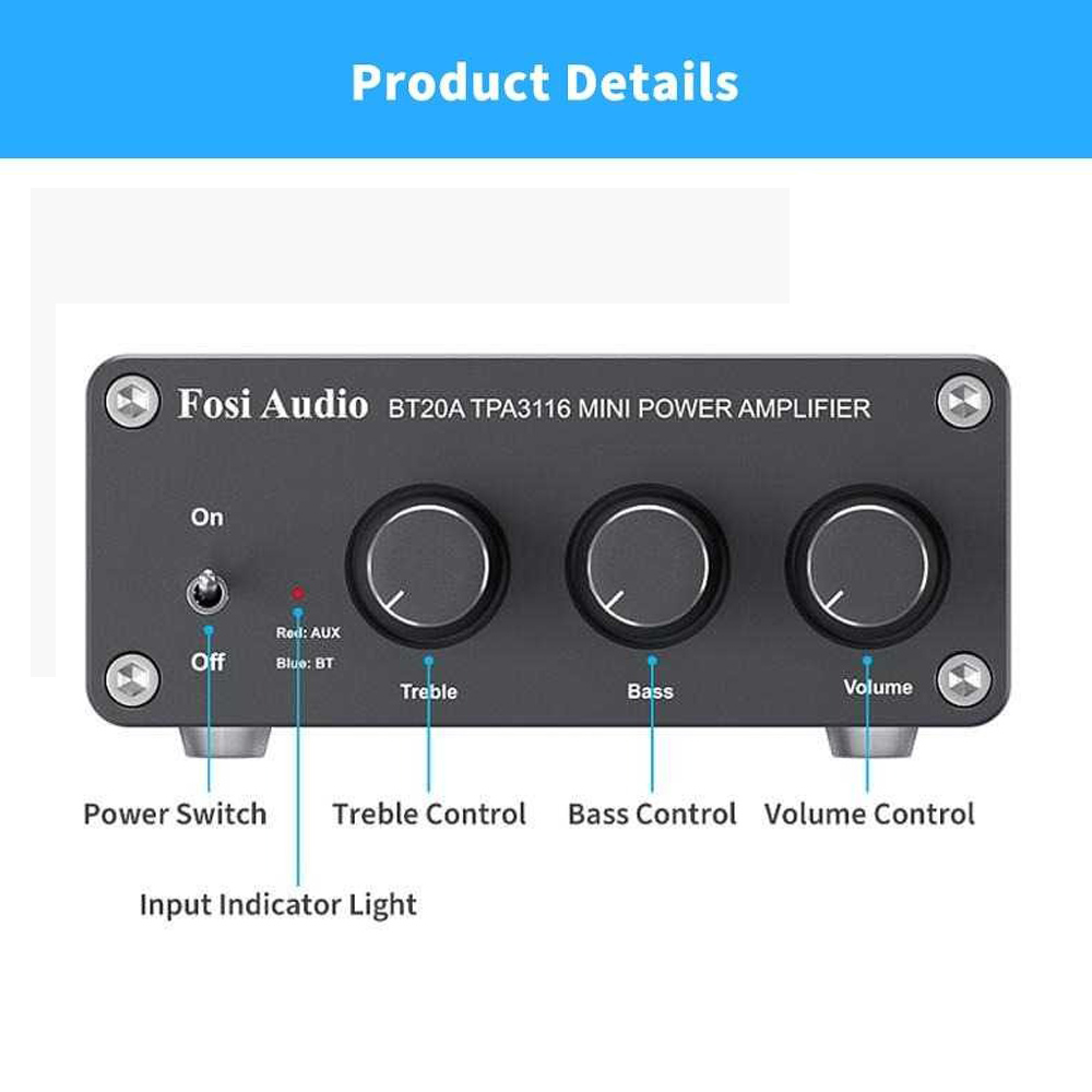 Gambar produk Fosi Audio Mini Power Amplifier Bluetooth 5.0 2 Channel TPA3116D2 - BT20A