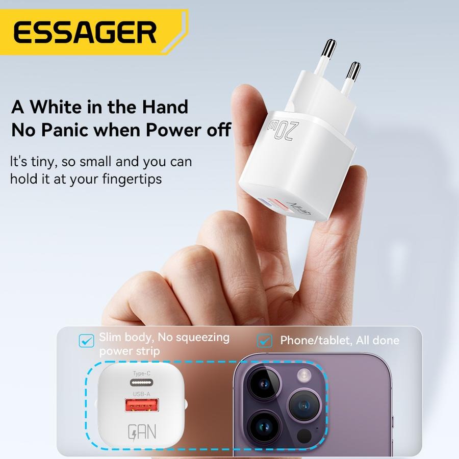 Gambar produk ESSAGER Kepala Charger Dual Port GaN Fast Charging PD 20W - ECTAC-HMB01-P