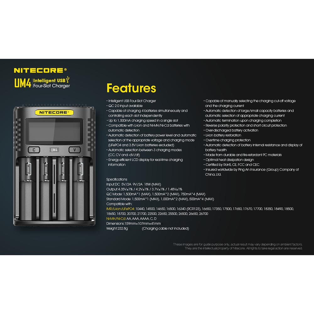 Gambar produk NITECORE Charger Baterai 4 Slot AA AAA C D Li-Ion Ni-MH LCD Display - UM4