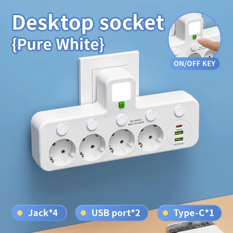 Gambar produk PLUGO Stop Kontak 4 Lubang USB Type C EU Plug 10A 110-250V 2500W - EU-8625UL