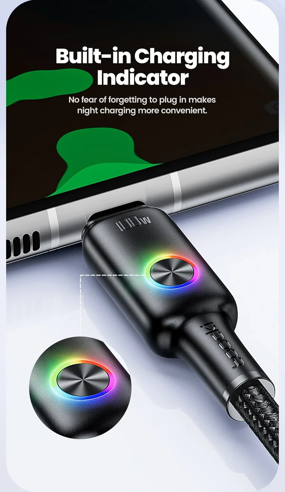 Gambar produk Toocki Kabel Data USB Type-C Multifungsi Fast Charging RGB 20V 6A 100W 1.8M - TQ-X45