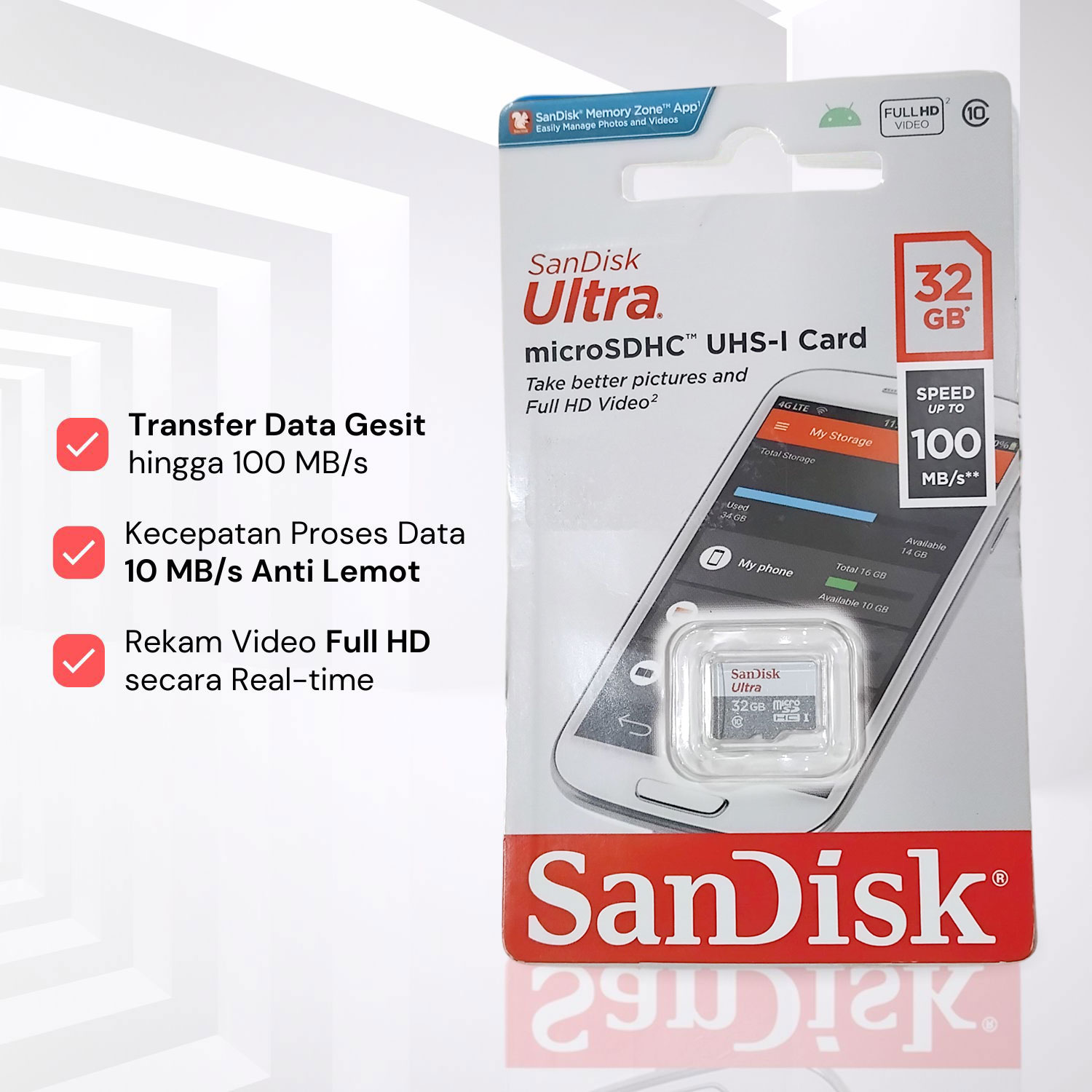 Gambar produk SanDisk Ultra microSDHC/SDXC UHS-I Class 10 100MB/s 32GB - SDSQUNR