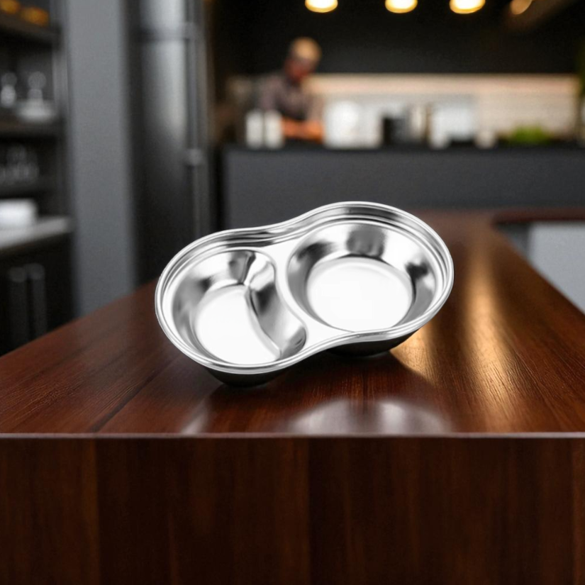 Gambar produk TaffHOME Tempat Saus Kecil Round Sauce Dish Plate Stainless Steel 304 2 Grid - UC2