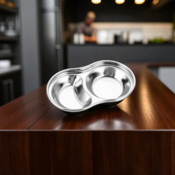Gambar produk TaffHOME Tempat Saus Kecil Round Sauce Dish Plate Stainless Steel 304 2 Grid - UC2
