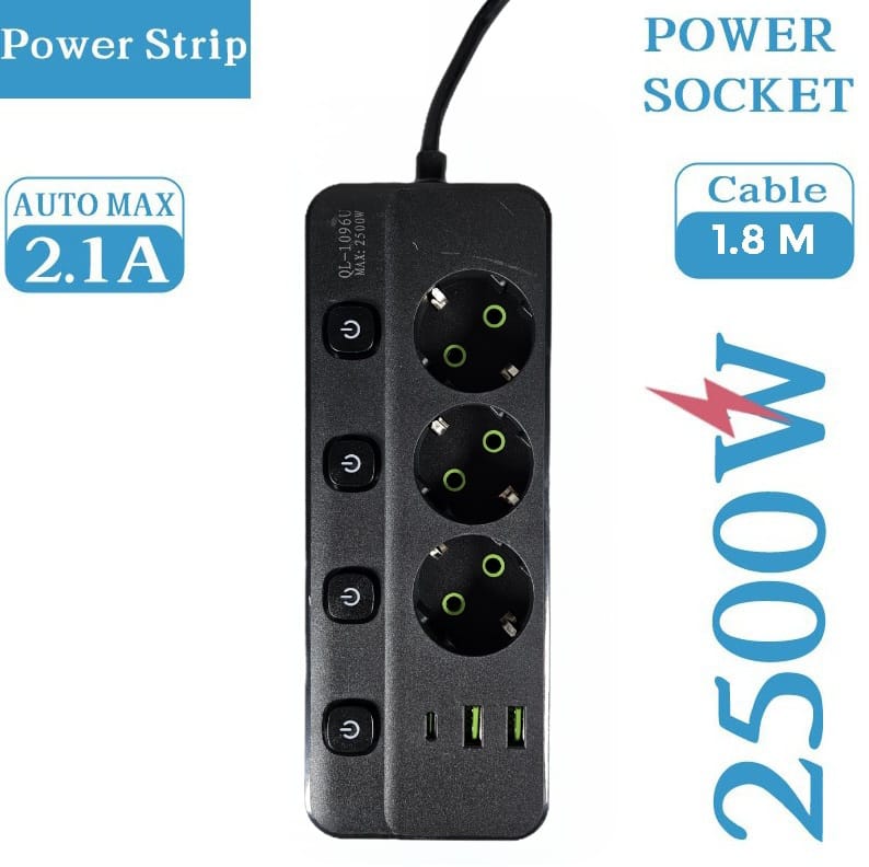 Gambar produk QIAOLIAN Stop Kontak 3 Lubang USB Type C EU Plug 10A 110-250V 2500W - QL-1096U